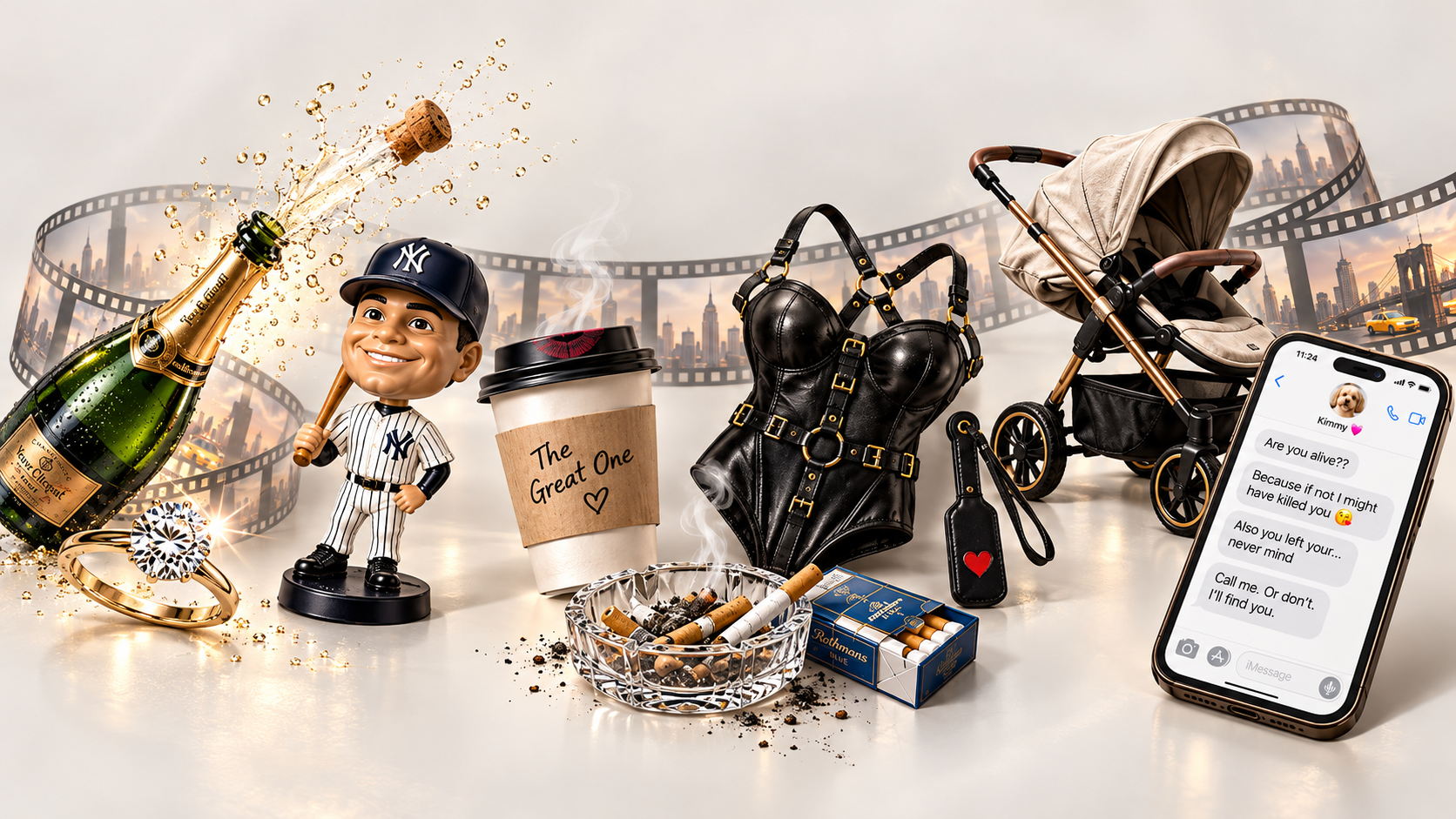 Comedy props: champagne, an engagement ring, New York Yankees bobblehead, coffee, stroller, and Kimmy's text messages